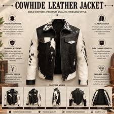 Men's Genuine Cowhide Hair-On Leather Jacket Western Biker Black White S-5XL
