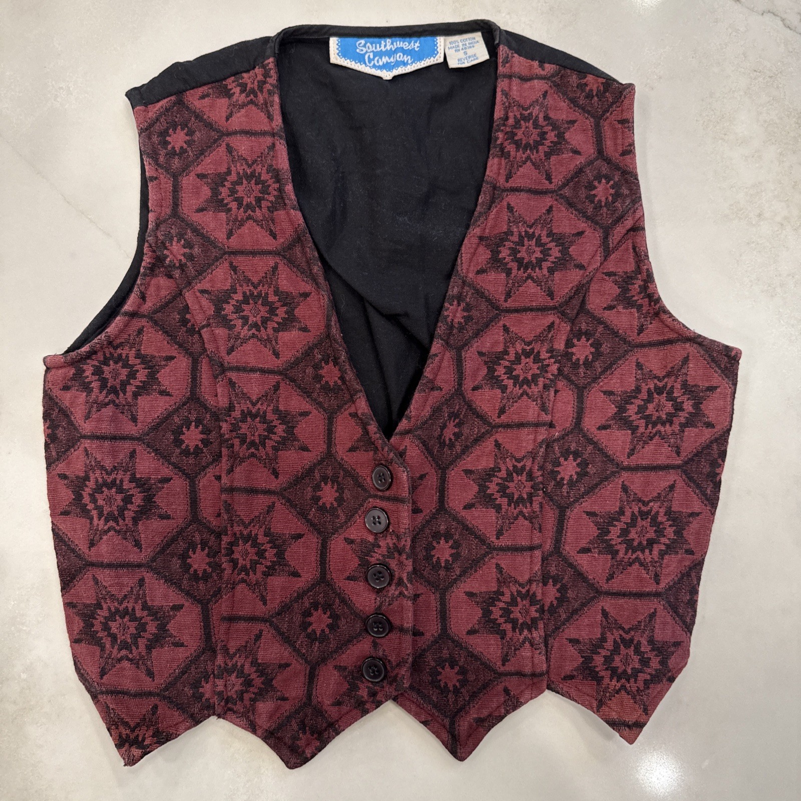Vintage Southwest Canyon Vest S Red Black Aztec Western Cotton 90s Boho