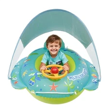 Baby Pool Float With Steering Wheel Inflatable Swim Trainer Float With Canopy 