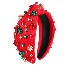 Jeweled Plaid Headband with Embellished Crystals and Pearls - Knotted Wide Top K