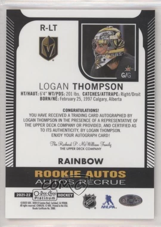 2021-22 O-Pee-Chee Platinum Rookie Auto Rainbow Logan Thompson #R-LT Auto RC - Image 2 of 2