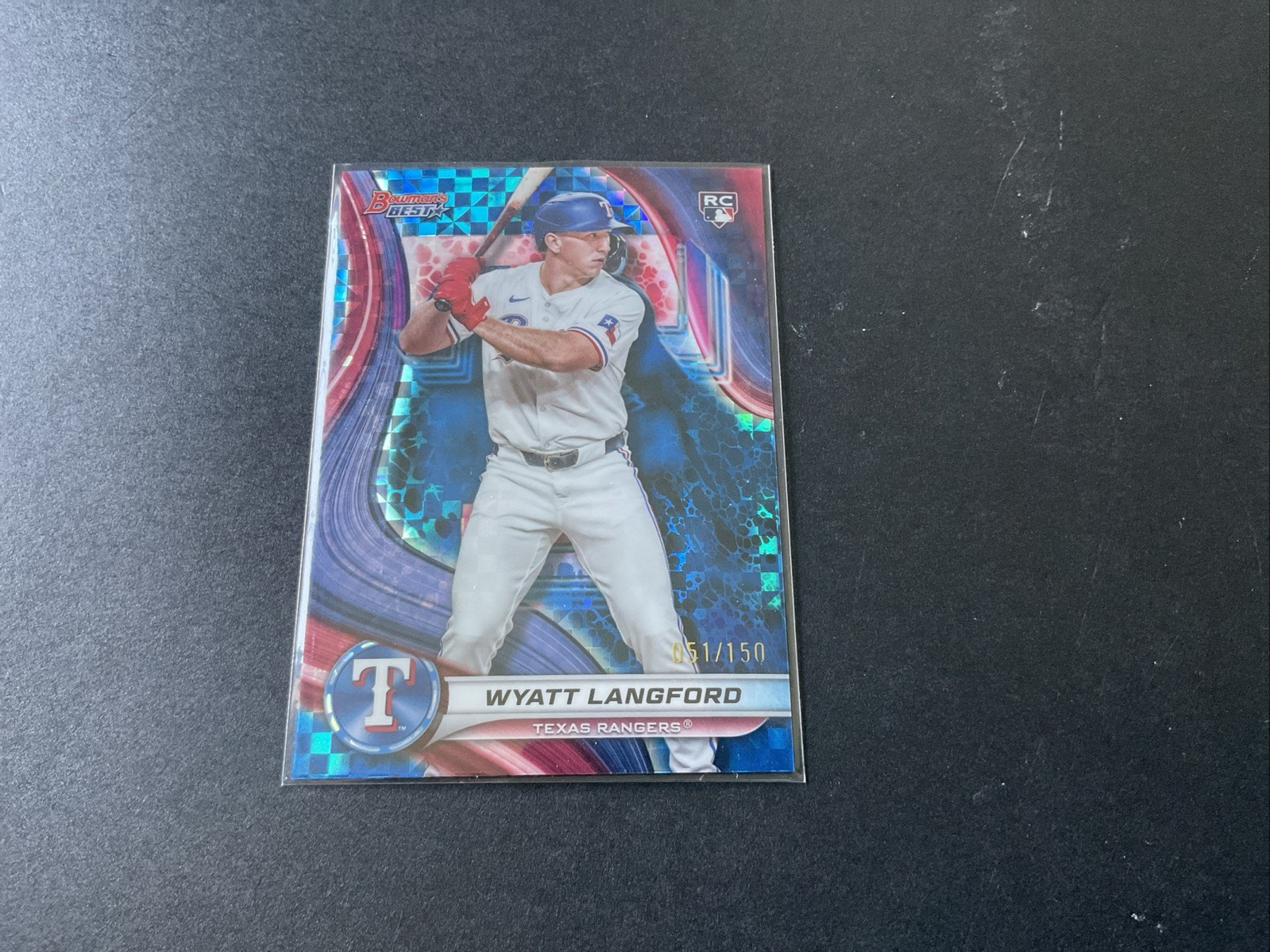 2024 Bowman's Best Wyatt Langford RC /150 Blue X-Fractor #65 Rookie Rangers