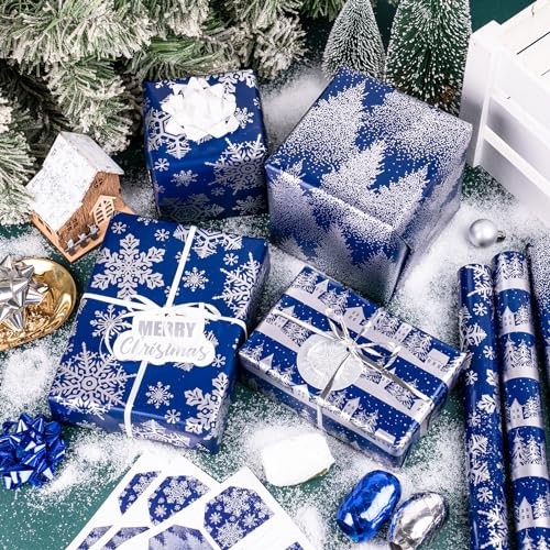 Christmas Wrapping Paper Bundle -Mini Roll with Bow, Ribbon, Navy Blue Bundle - Picture 3 of 6