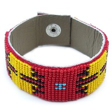 Handmade Red Yellow Seed Beaded Soft Leather Cuff Bracelet
