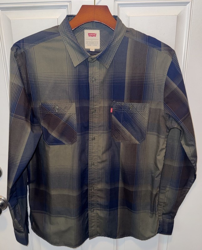 Levis Mens Cotton Blend LS Button Up Army Green Navy Blue Plaid Dress Shirt L