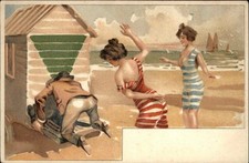 BATHING BEAUTY Beautiful Women Spank Peeping Tom Antique Postcard