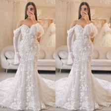 Boho Mermaid Wedding Dresses Long Sleeves Full Lace Sweep Train Bridal Gowns 