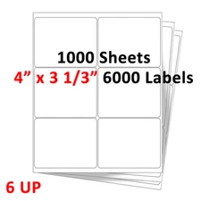 4"x3 1/3" Mailing Shipping Labels Adhesive Blank 6 per Sheet for Laser/Ink 6 UP