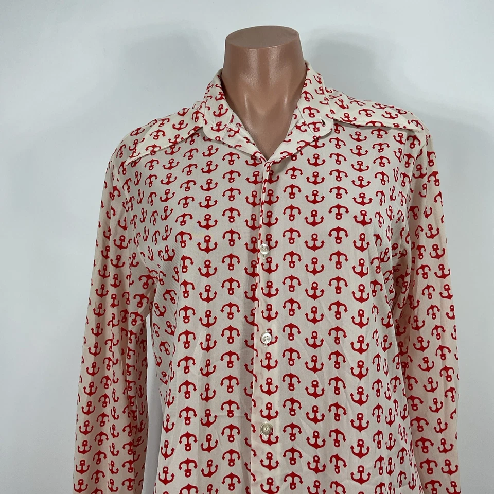 Vintage 60s 70s Le Mans Knit Shirt Nylon Dagger Collar Red Anchor Mens M - Image 3 of 4