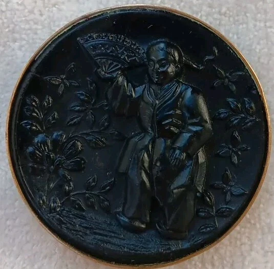 Antique NETSUKE Manju Japan Japanese Samurai & War Fan Brooch 10K RGP Jet Glass - Image 3 of 4