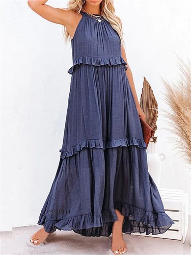 Damen Camisole Rüschen lässig locker langes Strandkleid Sommer Damen Urlaub Kleid - Bild 16 von 33