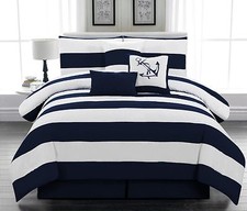 7 pcs Microfiber Nautical Comforter set Navy Blue Striped Twin Full Queen King