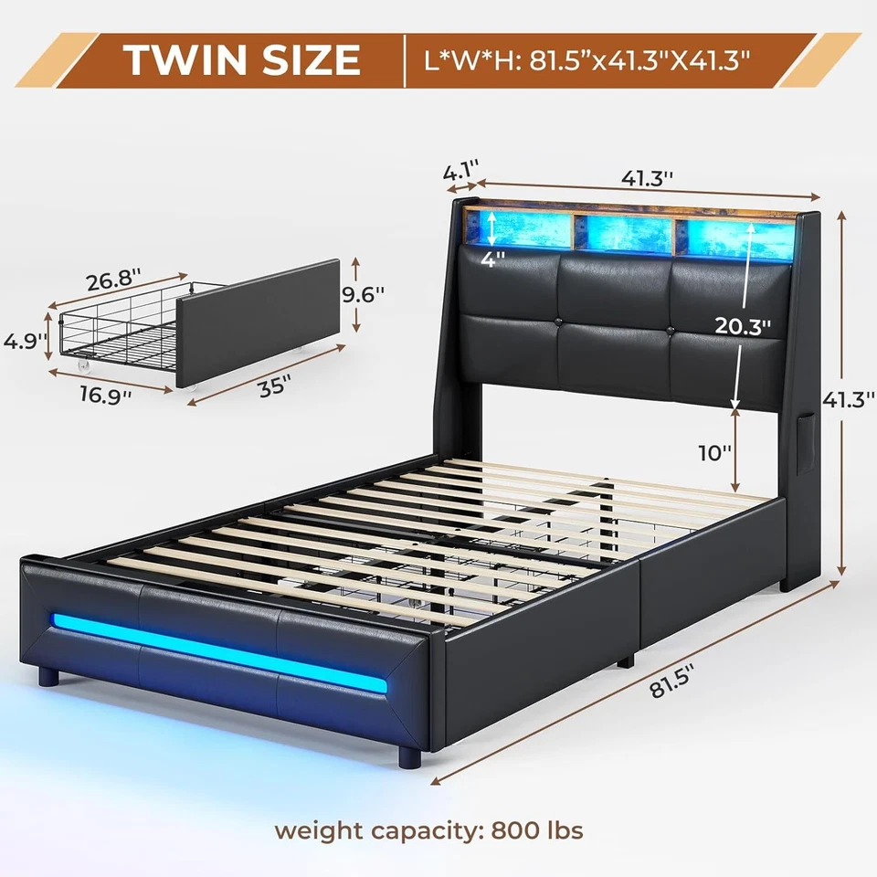 Twin Size Bed Frame with 4 Storage Drawers & Headboard LED Upholstered Bed Black - Image 2 of 4