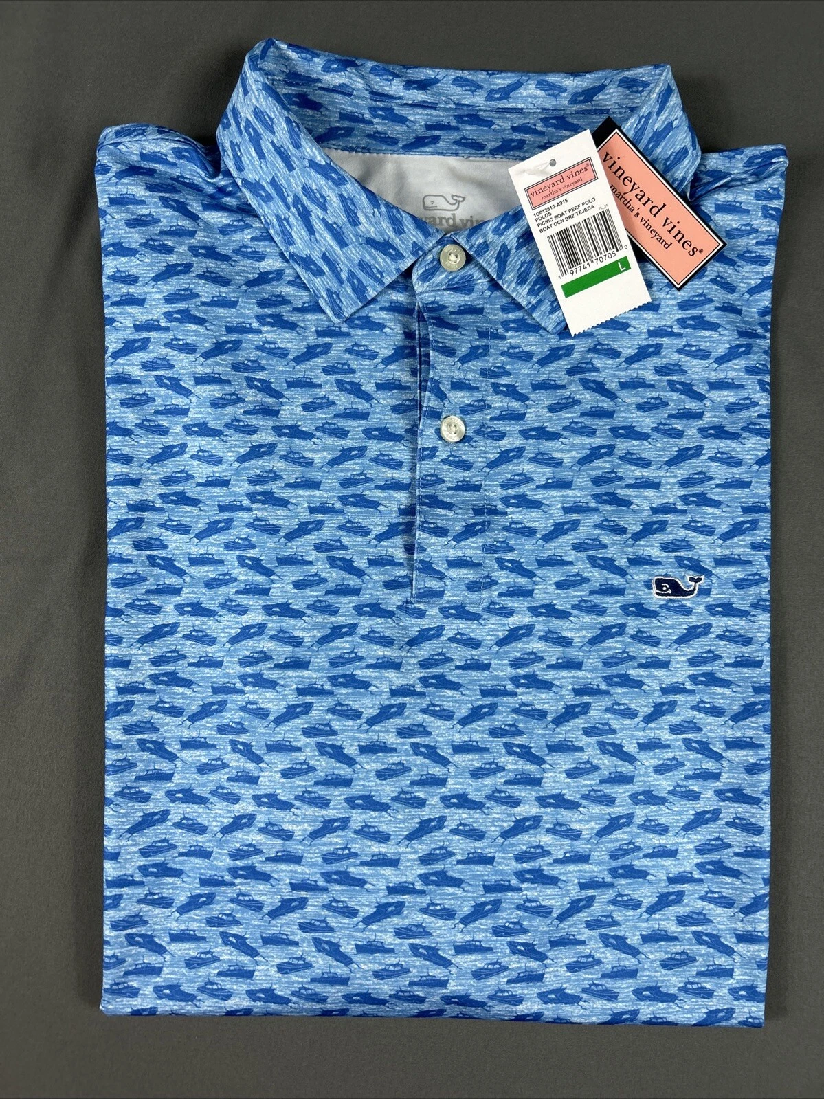 Vineyard Vines Golf Shirt Polo Picnic Boat Print Large Blue Polyester Spandex