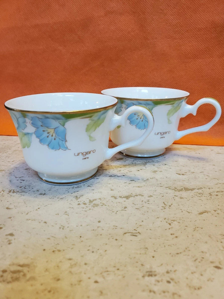 Ungaro Paris Tea Cups Set (2) Maebata Porcelain Footed GOLD Trim Collectible