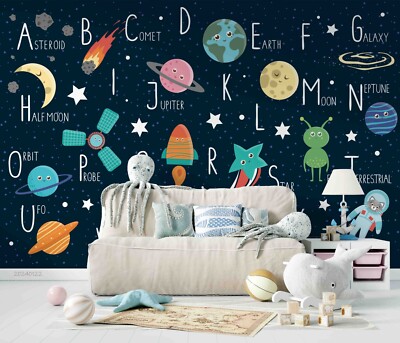 3D Planet Rocket Alien Text Space Self-adhesive Removable Wallpaper Murals