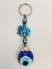 Large Evil Eye Elephant Keychain Blue Diamante Beaded 5" Key Ring 