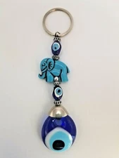 Large Evil Eye Elephant Keychain Blue Diamante Beaded 5" Key Ring 