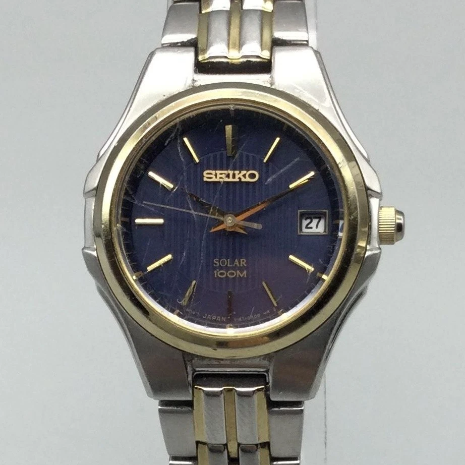 Seiko Ladies Watch Vintage Blue Dial Two-Tone Bracelet Date 10BAR 100M Resistant Pre-owned Two-tone Pulsar by Seiko Women main image 4