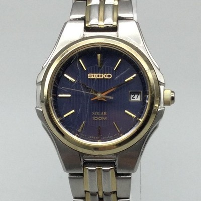 Seiko V174-0AC0 Womens Watch 28mm Blue Dial Two Tone Solar Date Stainless 7.25\