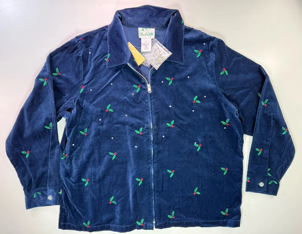 Quacker Factory Jacket Holly Berry Velour Rhinestone Womens 1X Full Zip New - Image 3 of 4