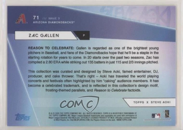 2020 X Steve Aoki Wave 3 Blue Frosting Holo Foilboard /77 Zac Gallen Rookie RC - Image 2 of 2