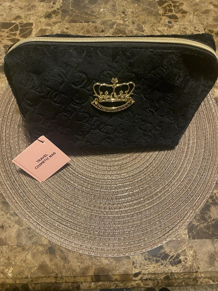 Bolso de Maquillaje Cosmético de Viaje Juicy Couture JC Estampado de Monograma Terciopelo Negro Foto 2 de 4
