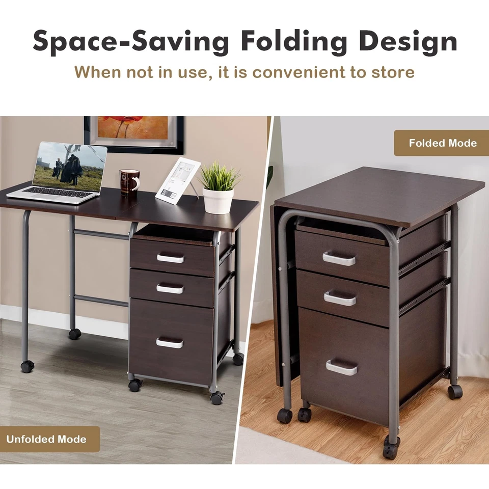 Escritorio Plegable para Computadora Portátil con 3 Cajones, Escritorio con Ruedas para Computadora Portátil con Fr... Foto 3 de 4