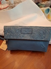 Patricia Nash NWT VALERIE Foldover Wristlet/Clutch Leather-Tooled Safflower Blue