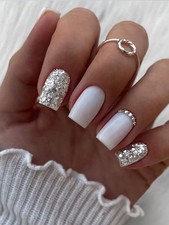 24pcs Clear White Silver Glitter Press On Nails with Rhinestone Decor Set Sh