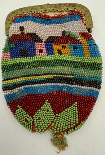 Antique Vintage  Beaded Purse Coin Small Purse  Metal Frame Silk Lining