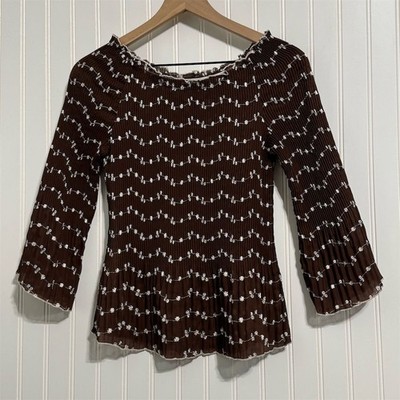 Y2K PIANO Brown Micro Pleated Top M Floral Whimsigoth Crinkle Sheer Blouse