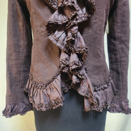 NWOT Stunning Hazel Medium Warm Brown Jacket Embroidered Ruffle Pleated Trim - Picture 5 of 11