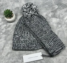 REBECCA MINKOFF Marled Beanie & Arm Warmer Set One Size Black White | USA Seller