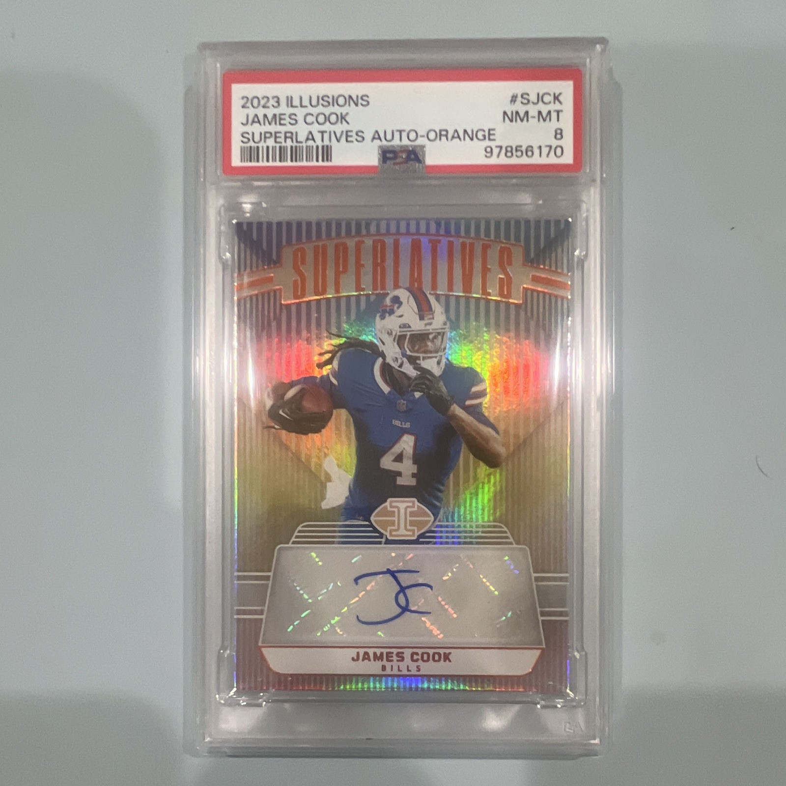 Panini 2023 Illusions Superlatives James Cook Orange Auto #S-JCK PSA 8 Bills