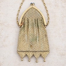 Antique 1920s Gold Metal Mesh Purse Blue Jeweled Clasp Chain Handle