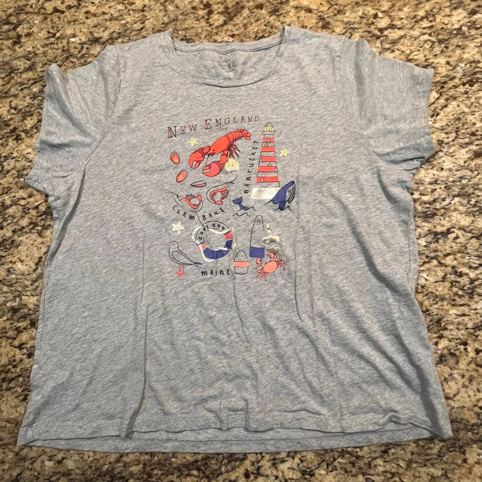 Camiseta J Crew Mujer 2XL Coleccionista Gris Nueva Inglaterra Manga Corta Collage Sudadera con Capucha Foto 2 de 4
