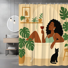 Elegant Boho Shower Curtain with Plants and Relaxing Woman in Bathtub