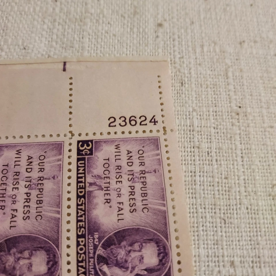 Stamps-4 stamp block-3 cent-Joseph Pulitzer-Block #23624-Scott #946 - Image 2 of 4