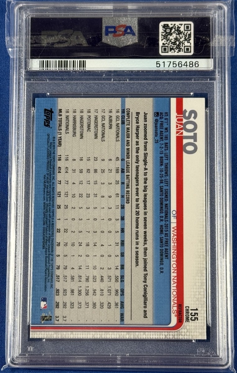 FNCT SOT 155 2019 TOPPS CHROME XFRACTOR JUAN SOTO BAT IN ONE HAND #155