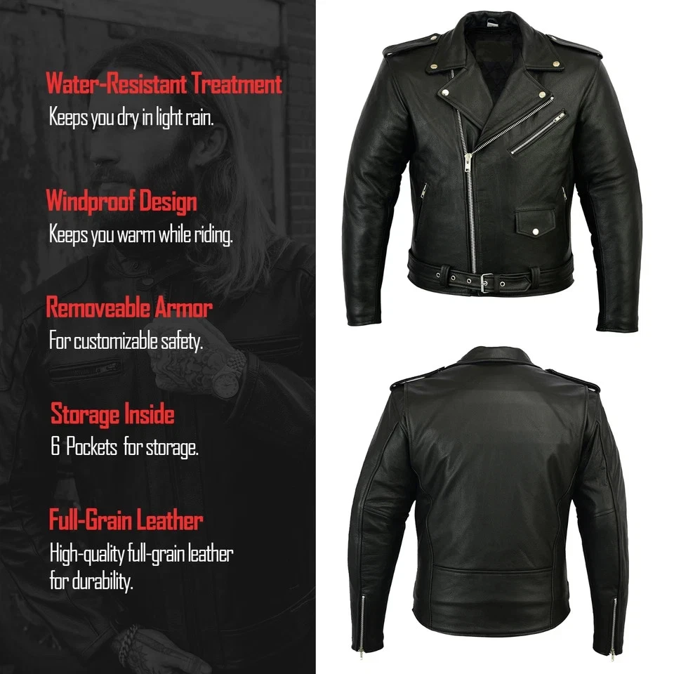 Men's Vintage Brando Style Black Leather Biker Motorcycle Jacket image 4