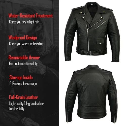 Men's Vintage Brando Style Black Leather Biker Motorcycle Jacket image 4