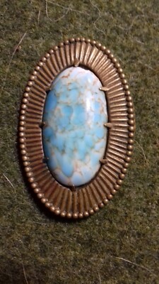 Broche Ancienne En Turquoise Années 1900 - Pierre Naturelle, Monture Laiton, Vintage