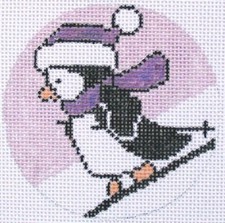 Penguin Skiing Christmas Ornament Hand Painted Needlepoint Canvas