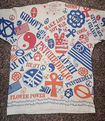 Vintage 80s Peace Love Not War Hippie Psychedelic Single Stitch AOP Shirt Sz XL - Picture 14 of 17