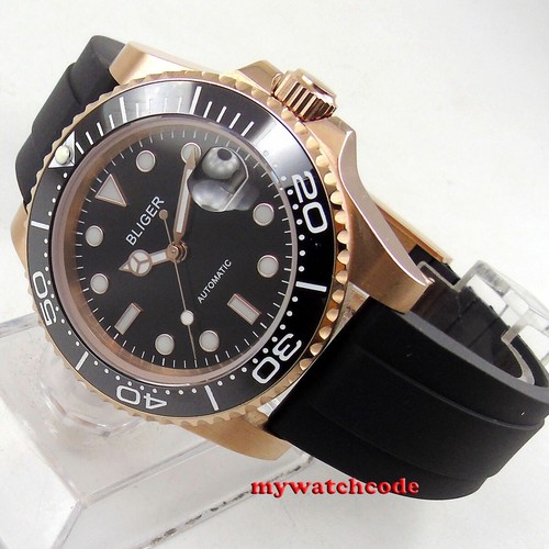 40mm Bliger Black Dial Miyota 8215 NH35 Automatic Mens Watch Date Rubber Strap - Picture 7 of 9