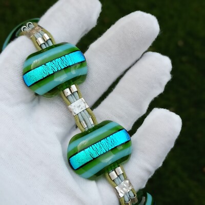 Murano Bracelet Fused Glass Jan Art Sterling Silver Aqua Green Statement Gift