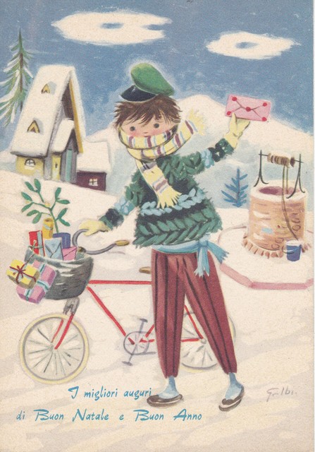 Buon Natale Anni 60.Cartolina D Autore Galbi Buon Natale Anno Postino Bici Anni 60 Unica Su Ebay Ebay
