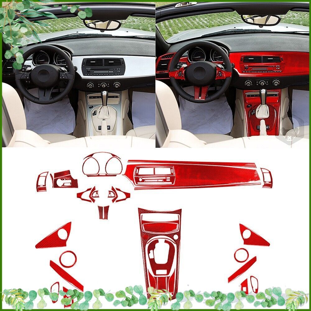 72Pcs Red Carbon Fiber Full Interior Dash Kits Trim Cover For BMW