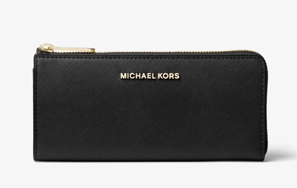 New Michael Kors Jet Set Travel Large Saffiano Leather Quarter-Zip Wallet  Black